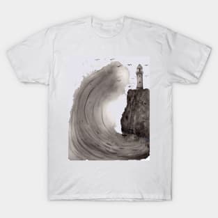 Big Wave with a Lighthouse Ink Illustration T-Shirt